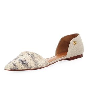 Tory Burch Snakeskin Linen D’Orsay Flats